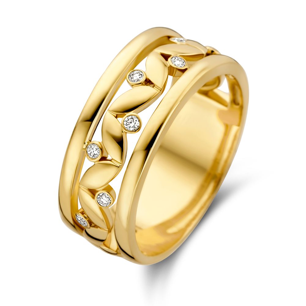 Geelgouden ring met bijzonder design van bladeren en diamant.
