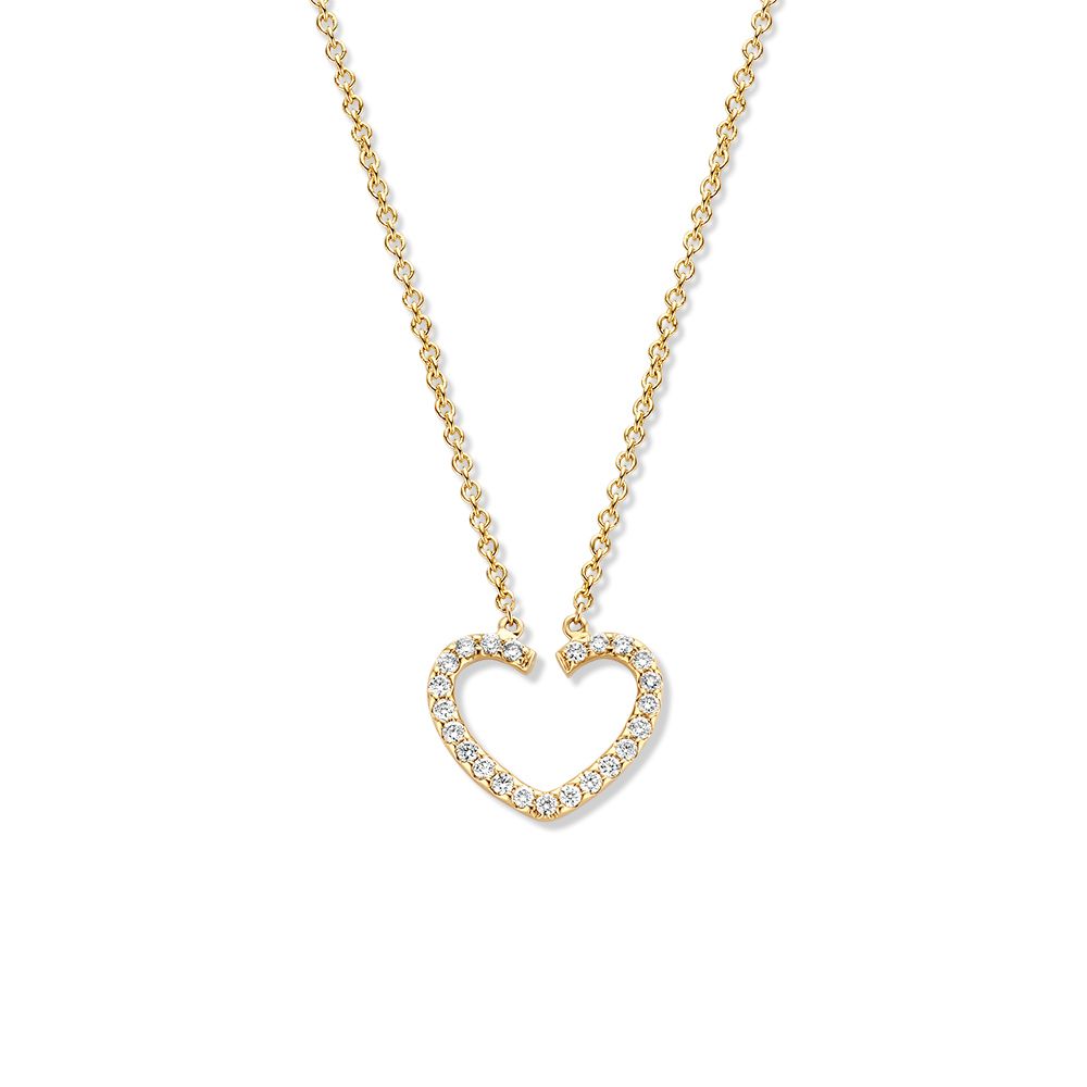 Geelgouden collier met hartjes hanger gezet met diamant.
