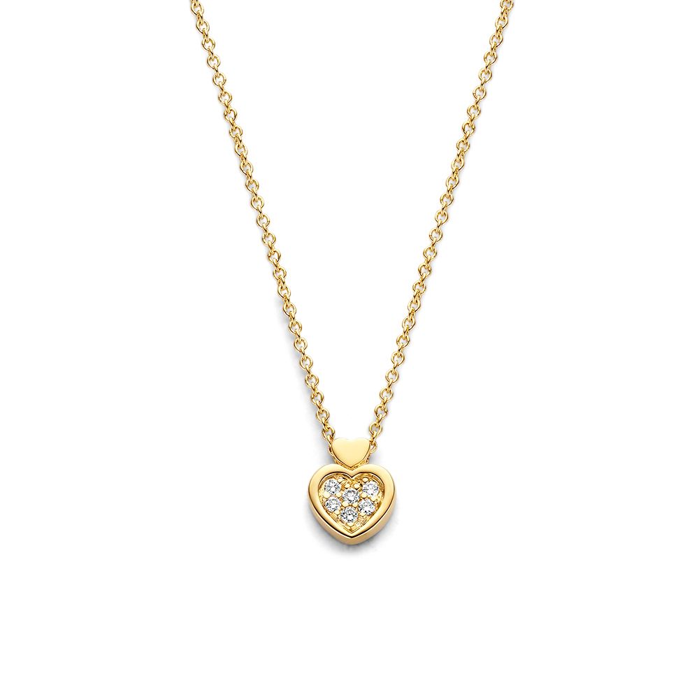 Geelgouden collier met hanger in hartvorm gezet met diamant.
