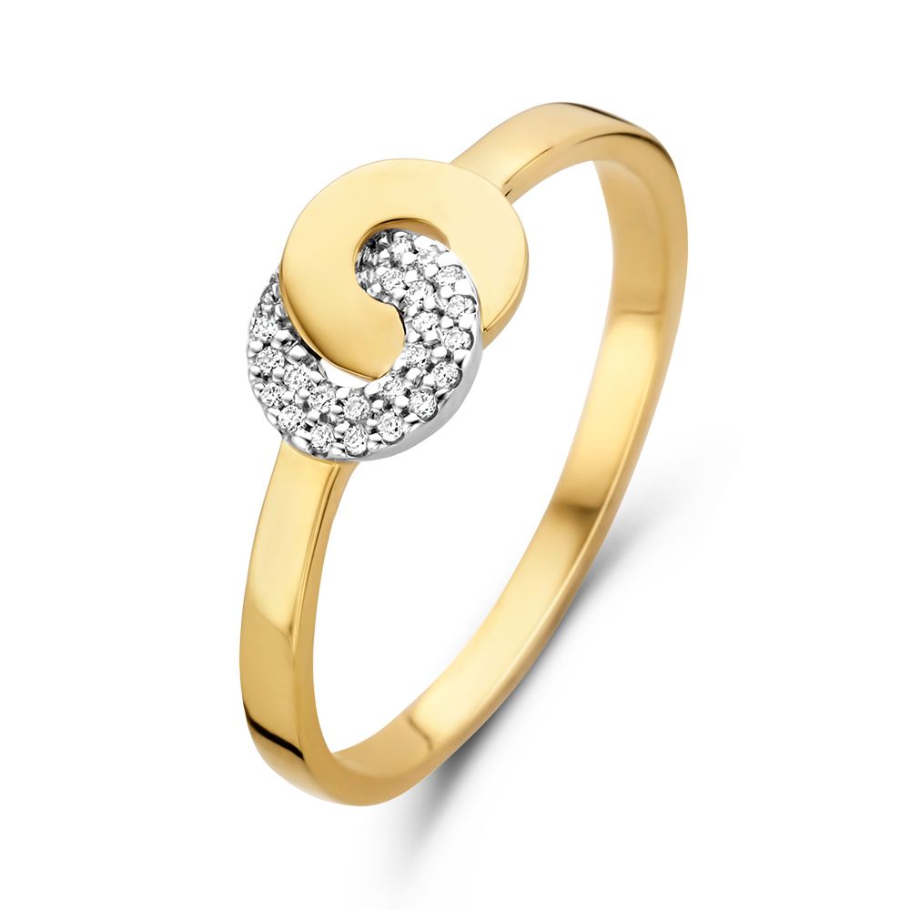 Bicolor wit- en geelgouden ring met twee verbonden cirkels, de ring bevat diamanten.

