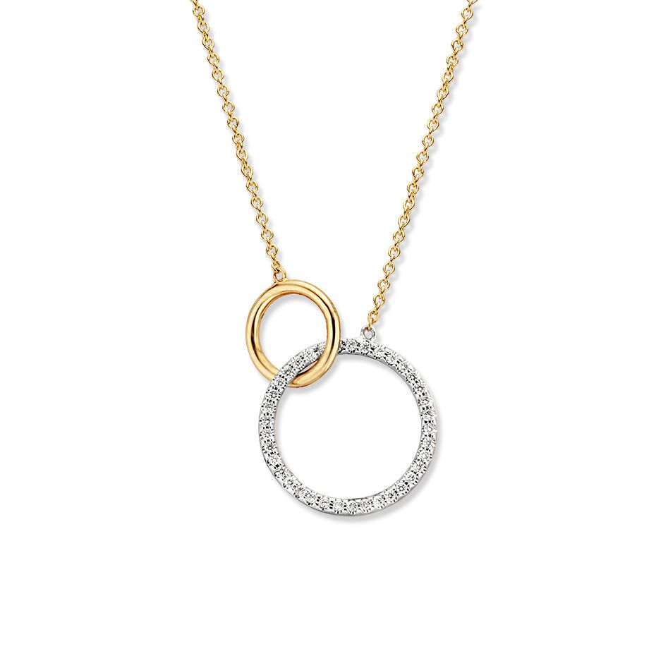 Geelgouden collier met twee verbonden cirkels.
