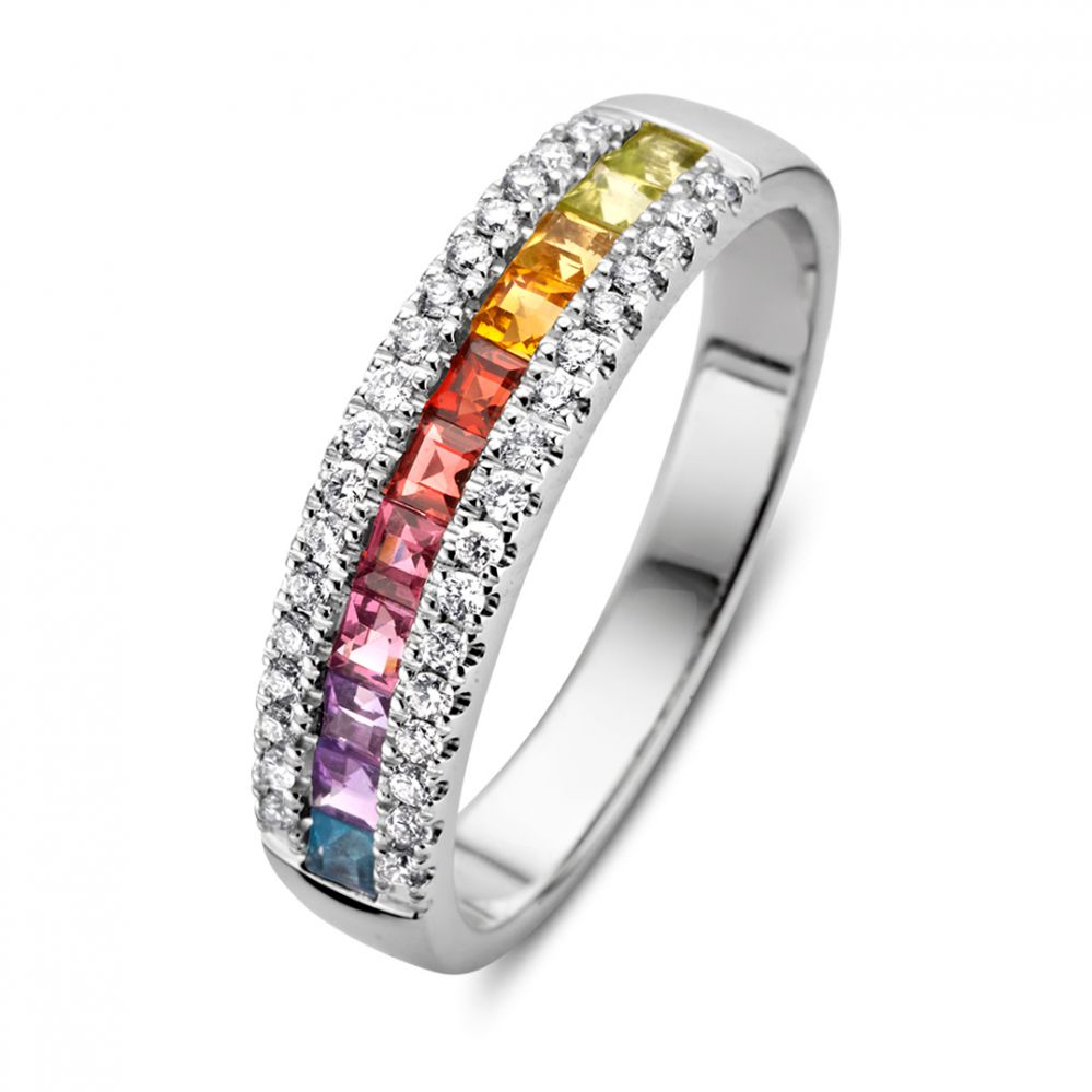 Kleurrijke witgouden ring met regenboog edelsteen en briljant.
