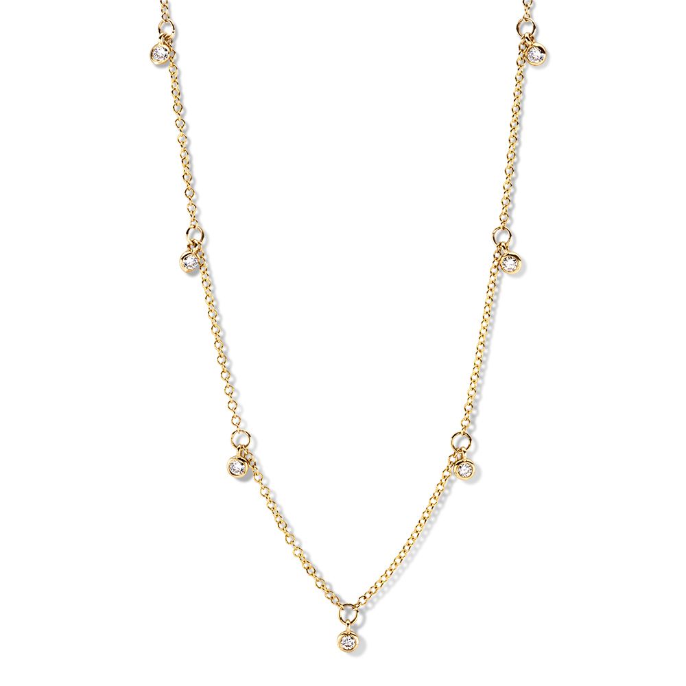 Schitterend geelgouden collier met vijf dansende diamanten.
