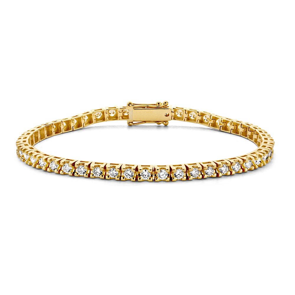 Geelgouden tennisarmband met briljant in chatonzetting.
