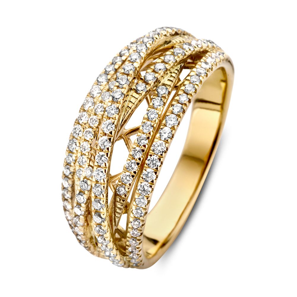 Schitterende geelgouden ring met 6 gouden banen die speels over elkaar heen vallen. Alle banen zijn gezet met fonkelend diamant, een plaatje aan de hand!
