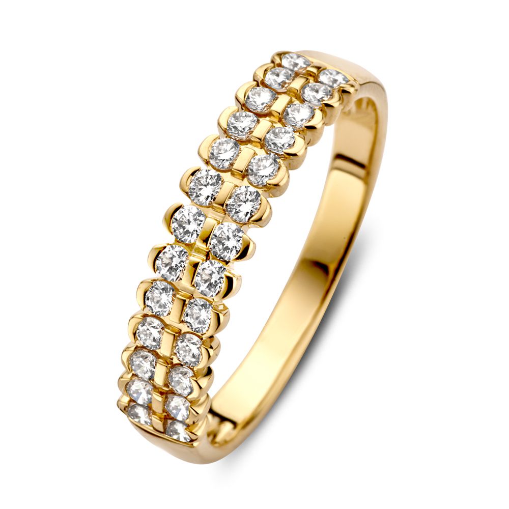 Prachtige geelgouden ring met diamant in bijzondere zetting.
