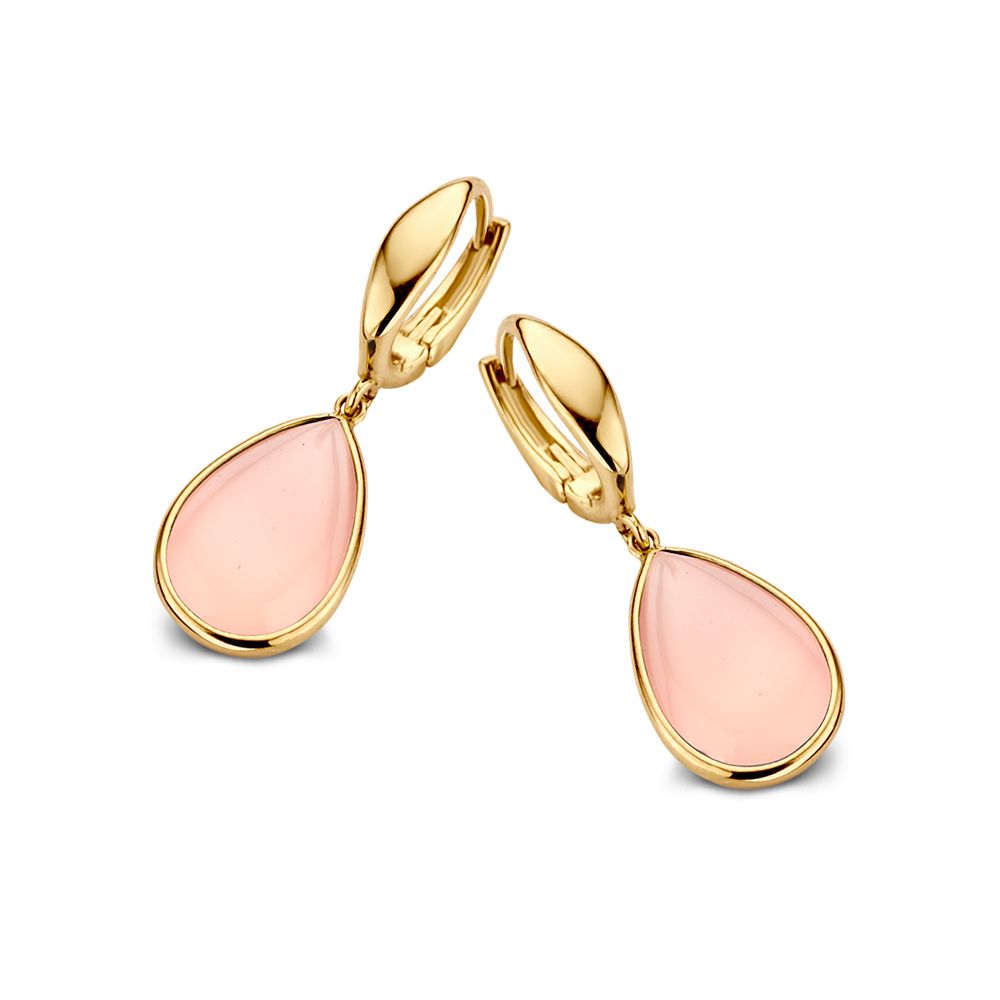 Geelgouden klapcreolen met edelsteen, cabochon geslepen roze chalcedoon.
