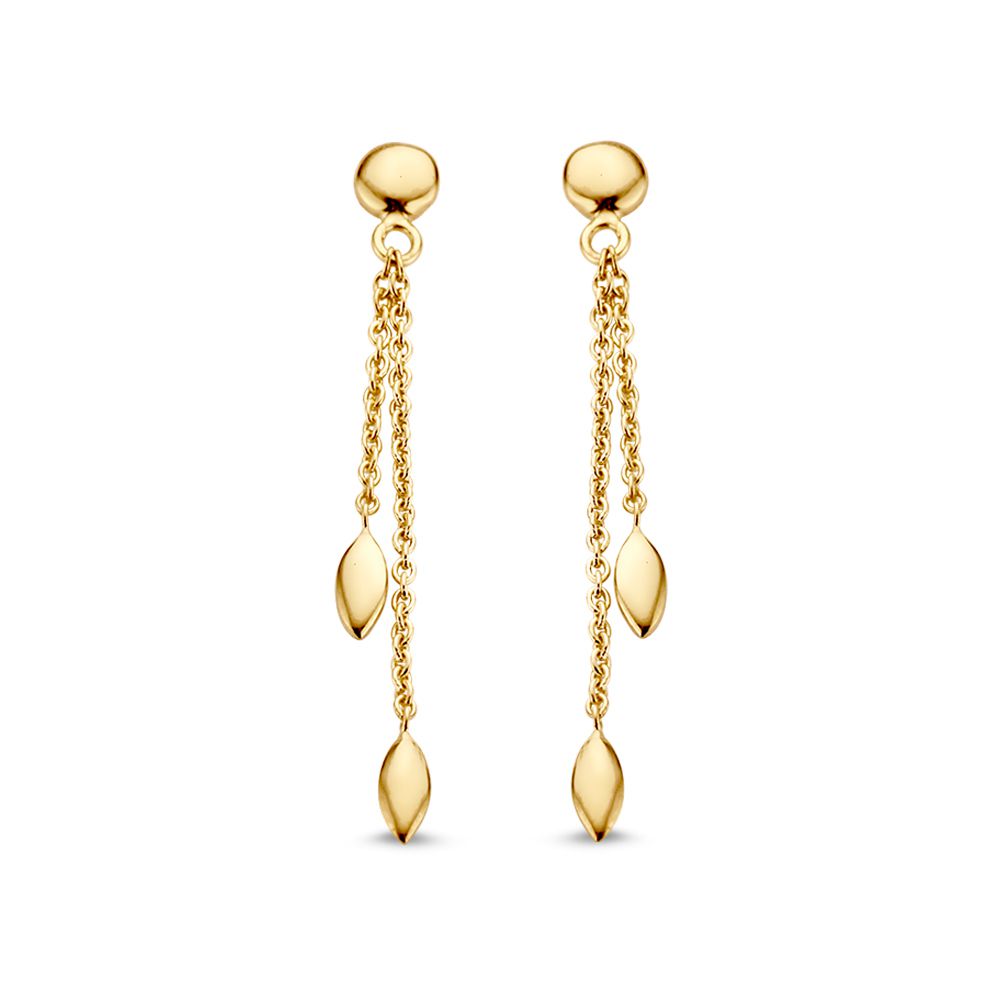 Gouden oorknop met gouden elementjes aan lange hangers.
