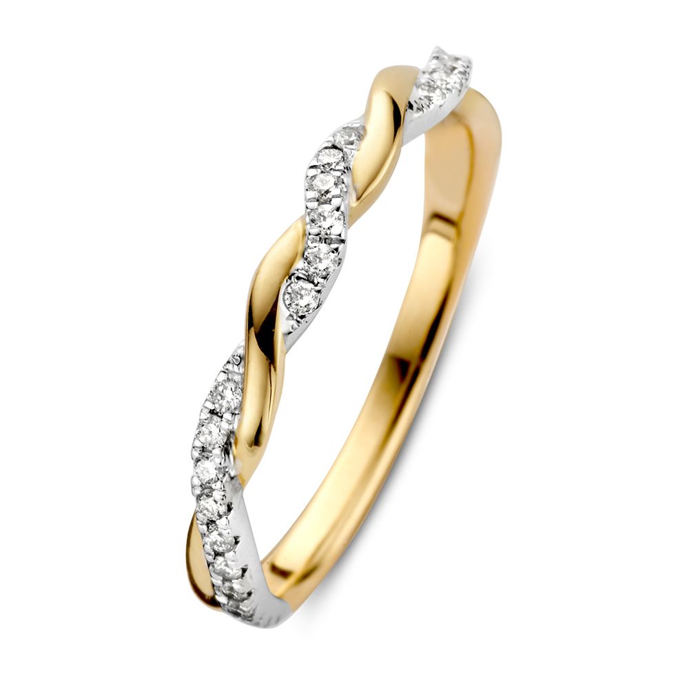 Bicolor gouden ring met gevlochten design. Het witgoud is gezet met fonkelende briljanten.
