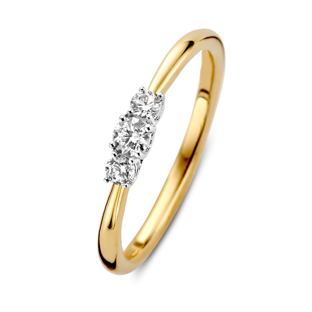 Elegante driesteens ring in bicolor uitvoering.
