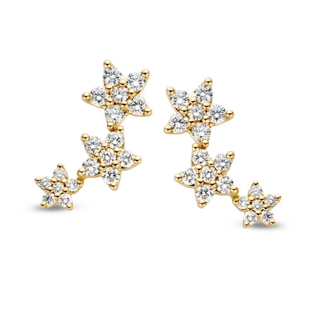 Geelgouden oorbellen met drie sterren gezet met diamant. Deze oorbellen vallen over de oorlel heen en zijn een echte eyecatcher in het oor!
