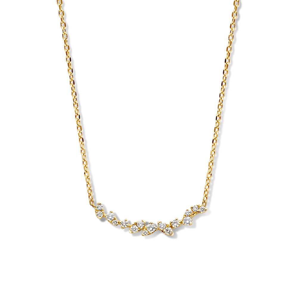 Geelgouden collier met diamanten tussenstuk. Het collier is in lengte verstelbaar.
