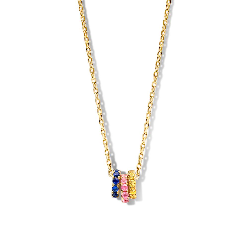 Speels collier met drie gouden hangers gezet met gekleurde saffier in kleurverloop.
