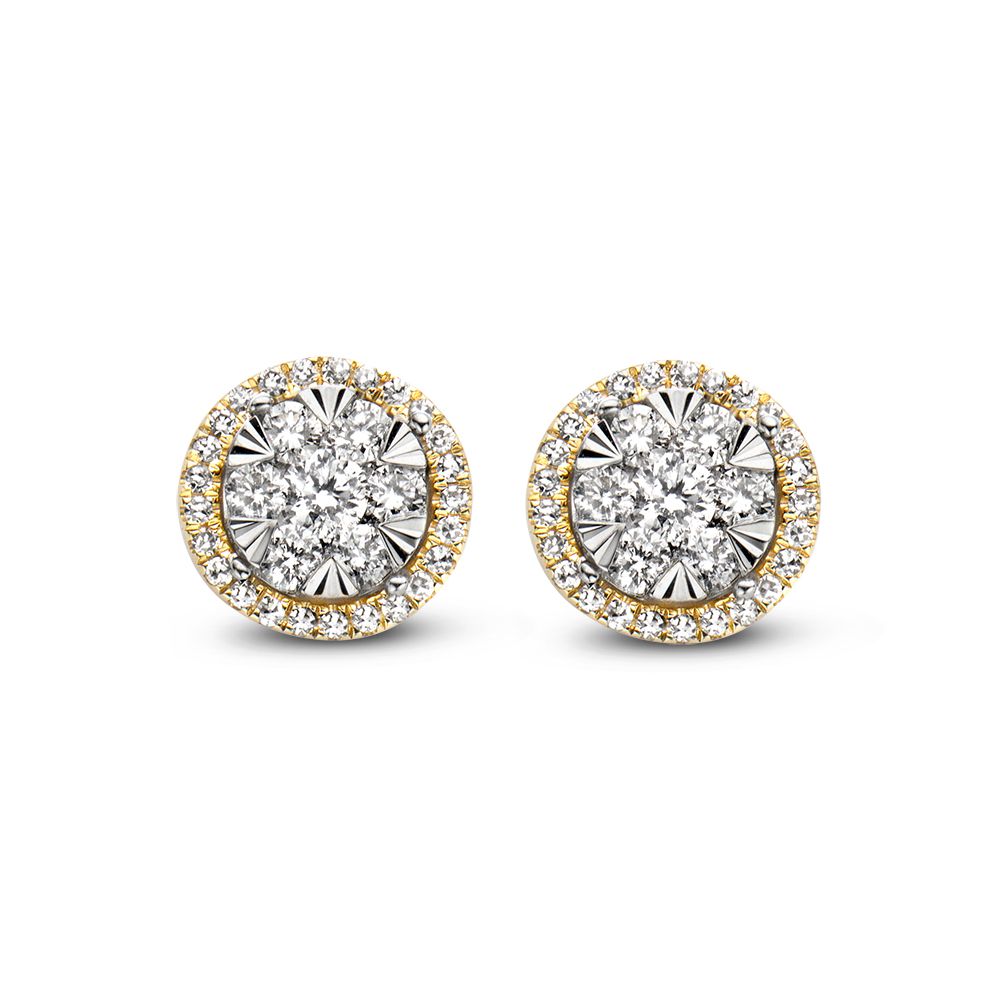 Bicolor gouden oorknoppen met diamant in entourage zetting met spiegelchaton.
