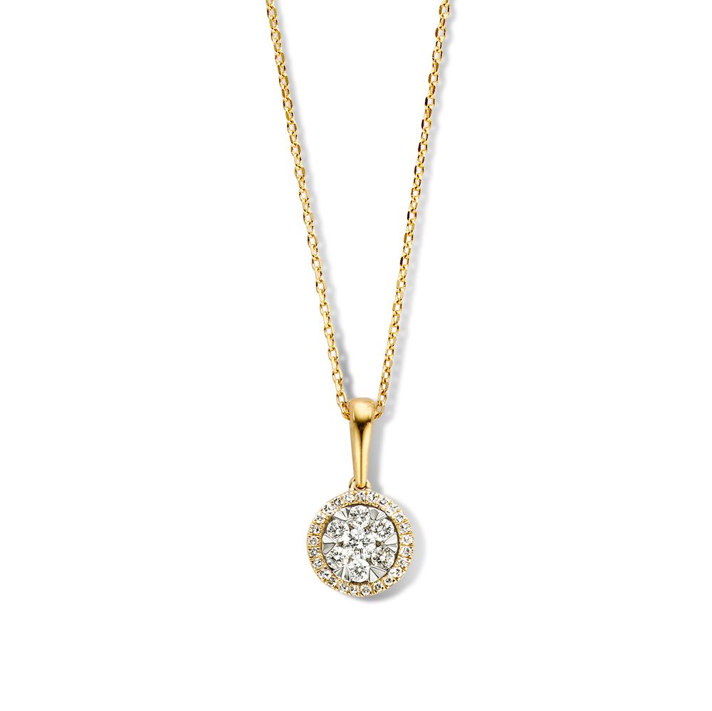 Geelgouden collier met diamanten hanger in invisible zetting.
