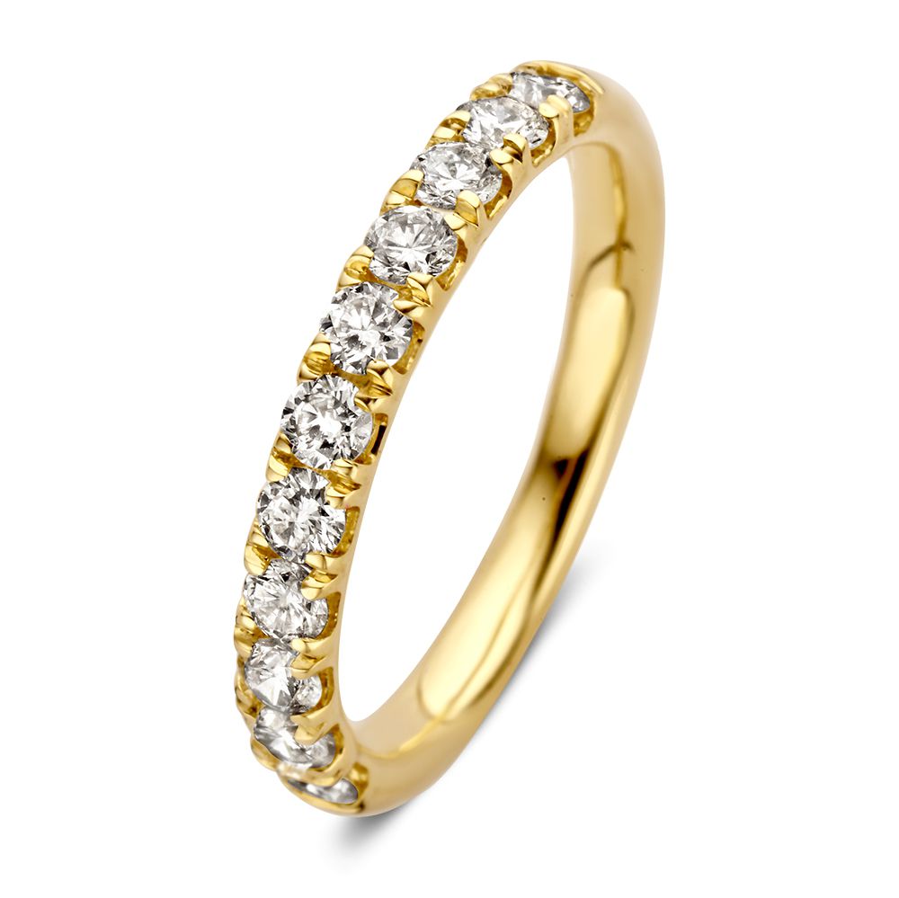 Geelgouden rijring met 11 diamanten, halfom gezet. Dankzij de bolle scheen heeft de ring een hoog draagcomfort.
