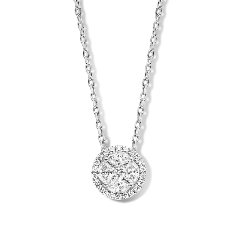 Luxe witgouden collier met opvallende hanger. In de schitterende hanger zijn zowel markies als briljant geslepen diamanten verwerkt.
