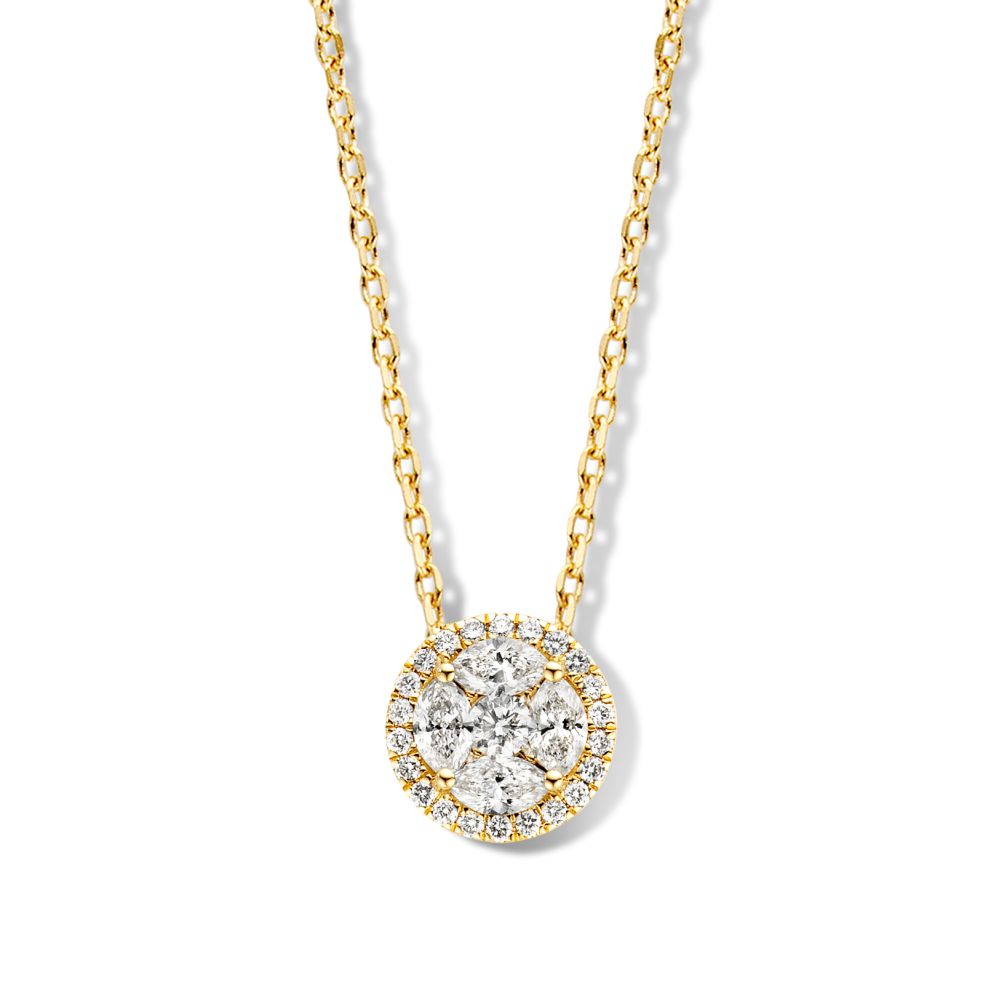 Luxe geelgouden collier met opvallende hanger. In de schitterende hanger zijn zowel markies als briljant geslepen diamanten verwerkt.

