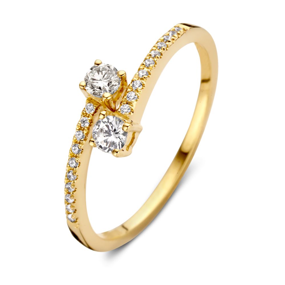 Geelgouden ring met speels design van een dubbele band met zirkonia's.
