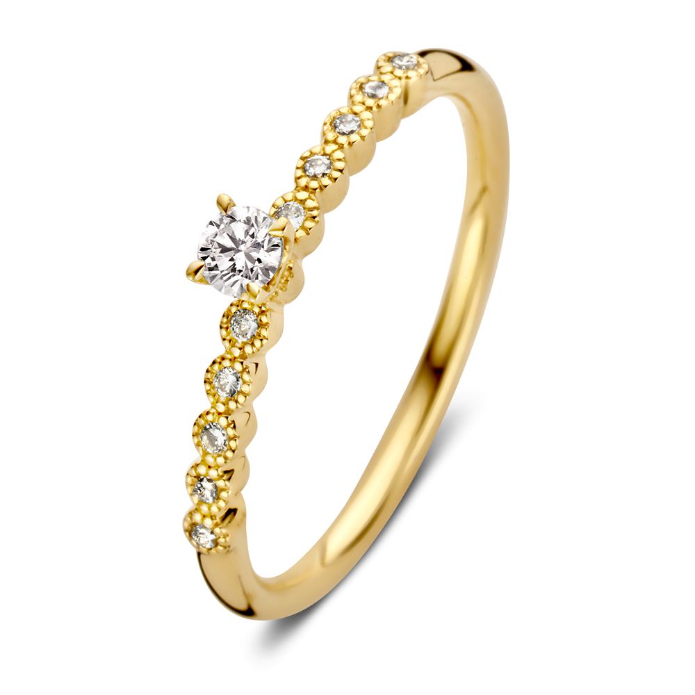 Vintage style geelgouden solitair ring met zijstenen.
