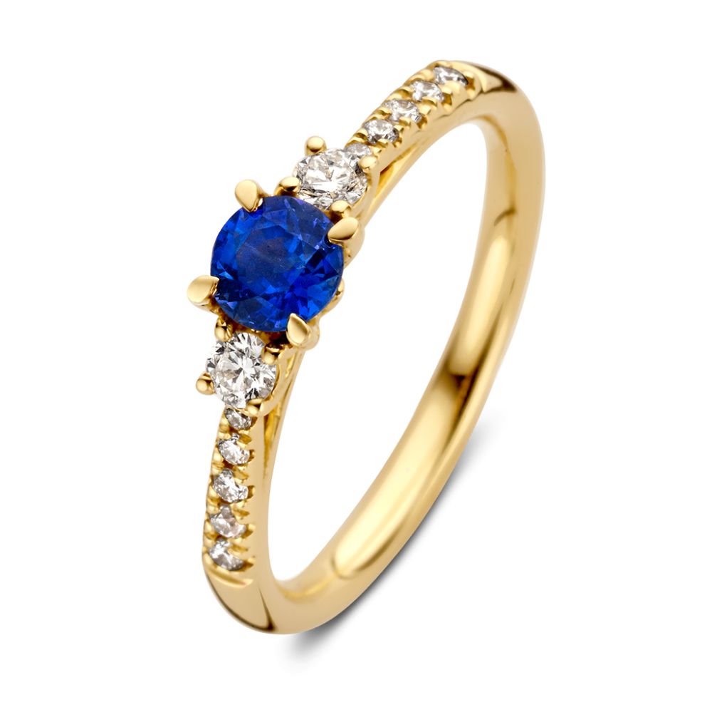 Geelgouden ring met prachtige saffier van 0,57 crt.en briljanten.
