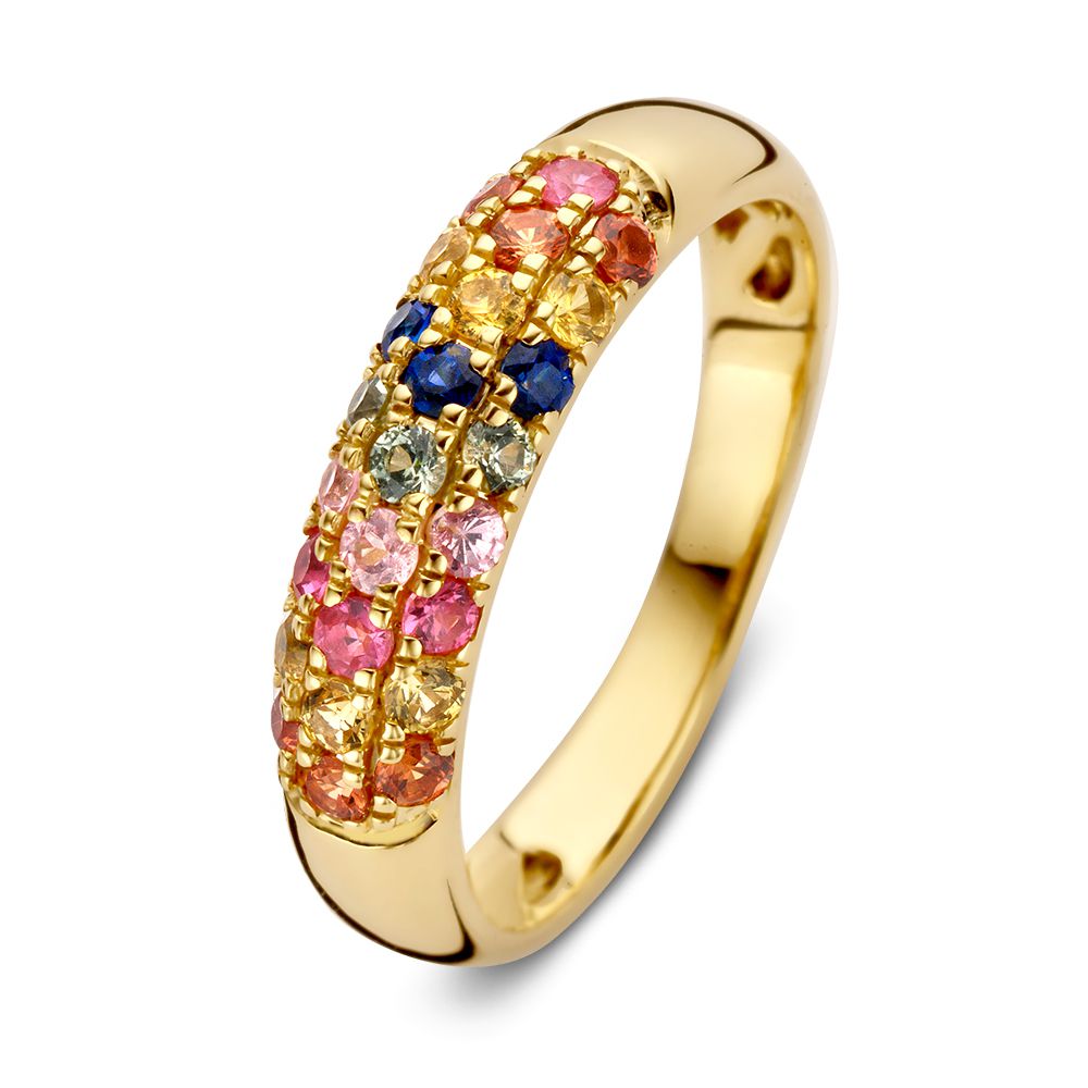 Luxe geelgouden ringmet regenboog saffier in feestelijke pavézetting.
