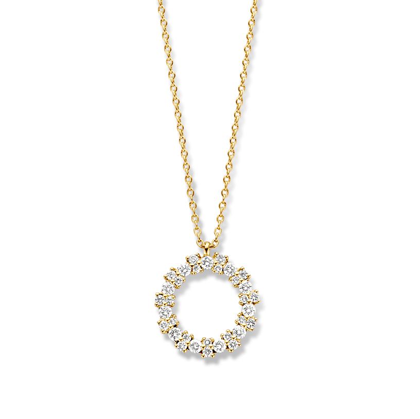 Geelgouden collier met diamanten hanger vol schitterende briljanten in speelse zetting.

