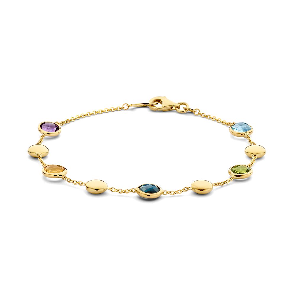 Geelgouden armband met verschillende kleurstenen en geelgouden elementen.
