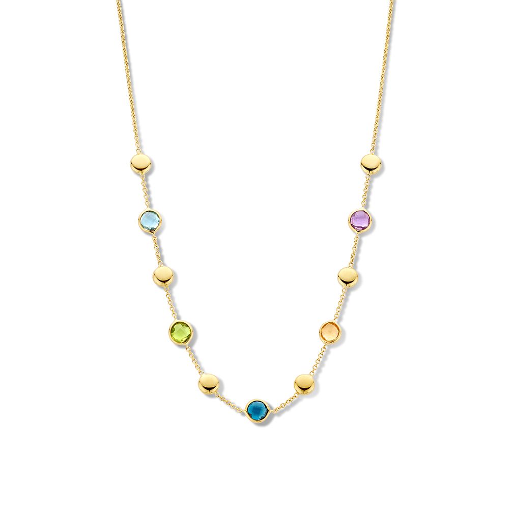 Geelgouden collier met verschillende kleurstenen en geelgouden elementen.
