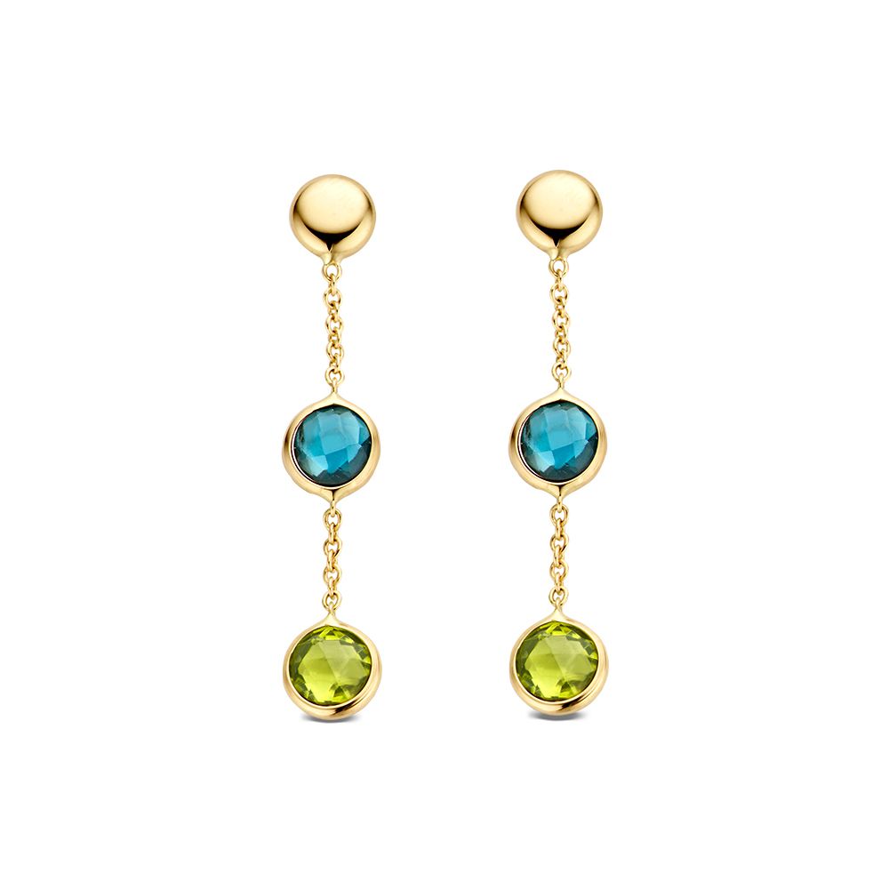 Geelgouden oorbellen met stijlvolle hangers gezet met topaas en peridot.
