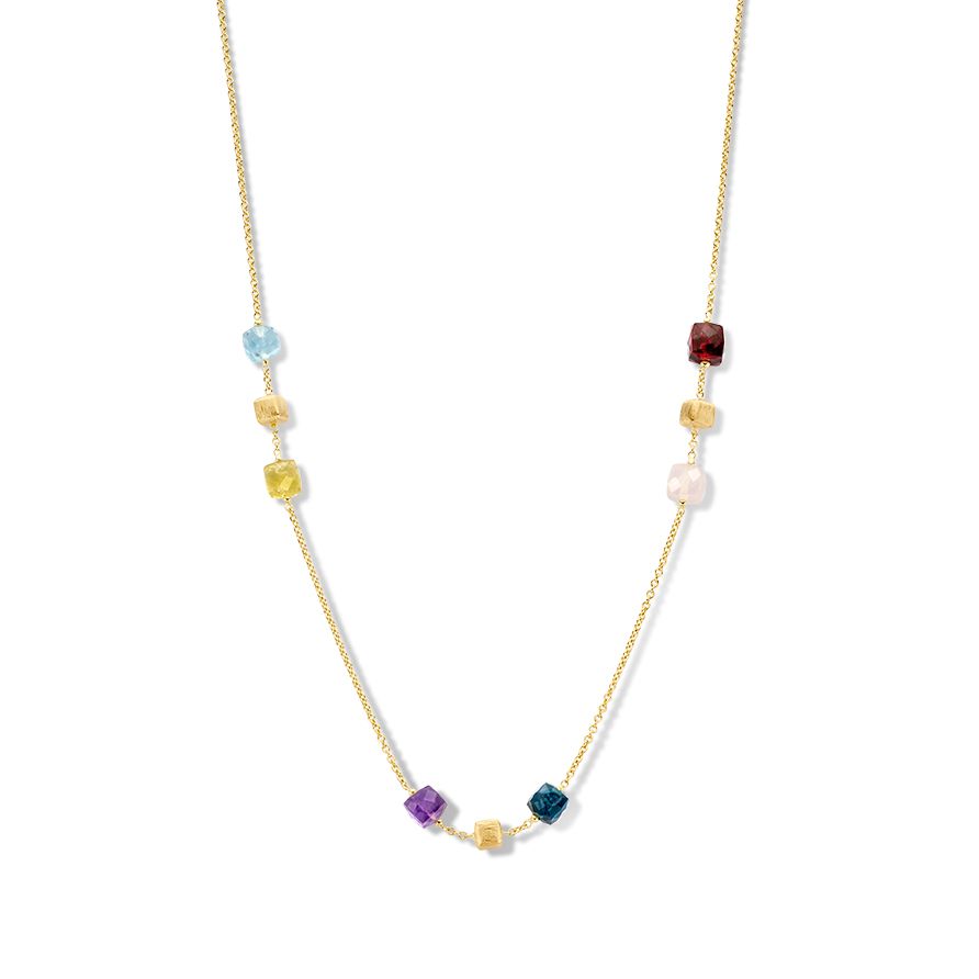 Geelgouden collier met matgouden elementen en vierkant geslepen edelstenen (topaas,peridot, amethist, london blue topaas, roze quartz en granaat).
