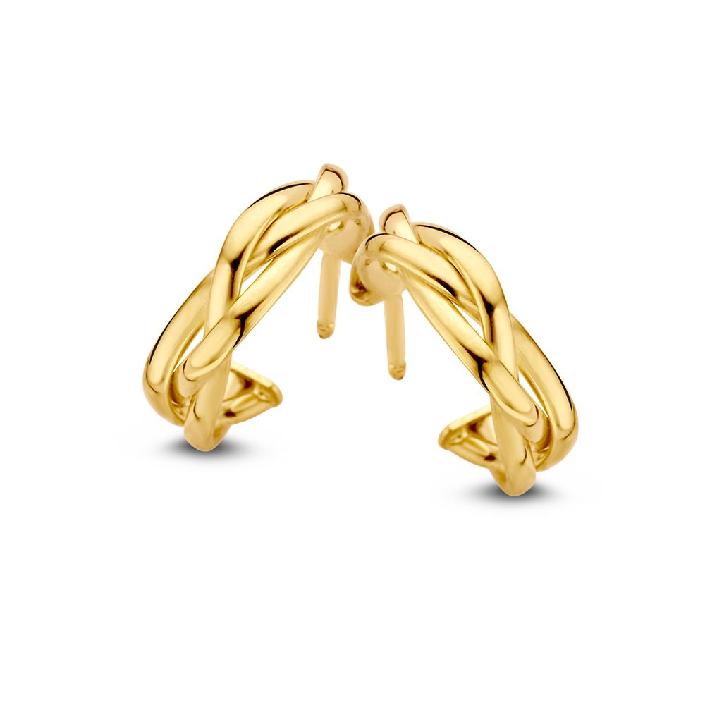 Geelgouden oorringen met steker, gevlochten model.
