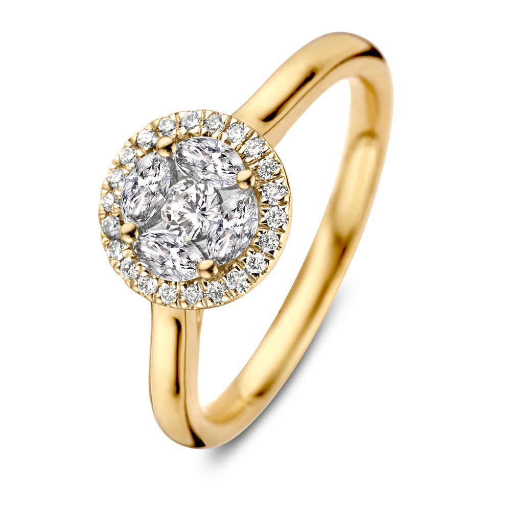 Bijzondere geelgouden ring met fonkelende diamanten in verschillende slijpvormen. In het midden straalt een briljant omringd doorde vier diamanten metmarquise slijpsel, kleinere briljanten maken het luxe design compleet.

