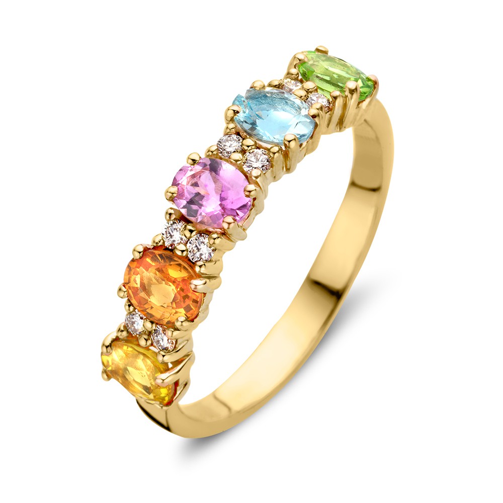 Bijzondere roségouden rijring met ovale saffieren in verschillende kleuren. Tussen deze rainbow sapphire edelstenendoor zijn fonkelende briljanten geplaatst, waardoor de ring een schitterende en luxe uitstraling heeft.

