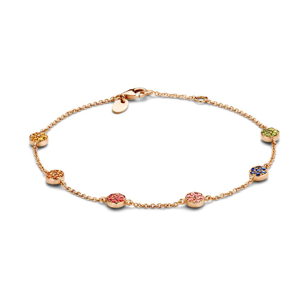 Roségouden armband met gouden pilletjes gezet met saffieren in verschillende kleuren. Deze armband met regenboogsaffier is een plaatje om de pols!
