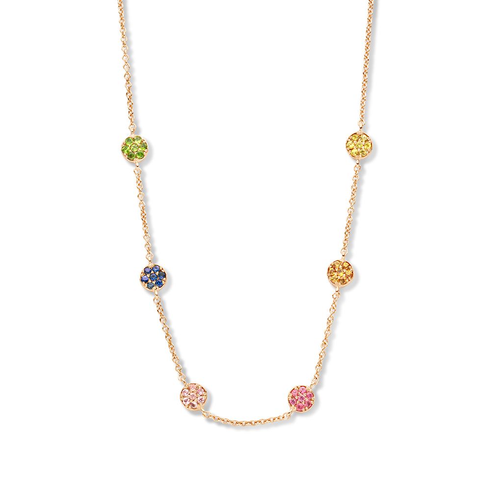 Roségouden collier met aan de voorzijde gouden pilletjes gezet met saffieren in verschillende kleuren.
