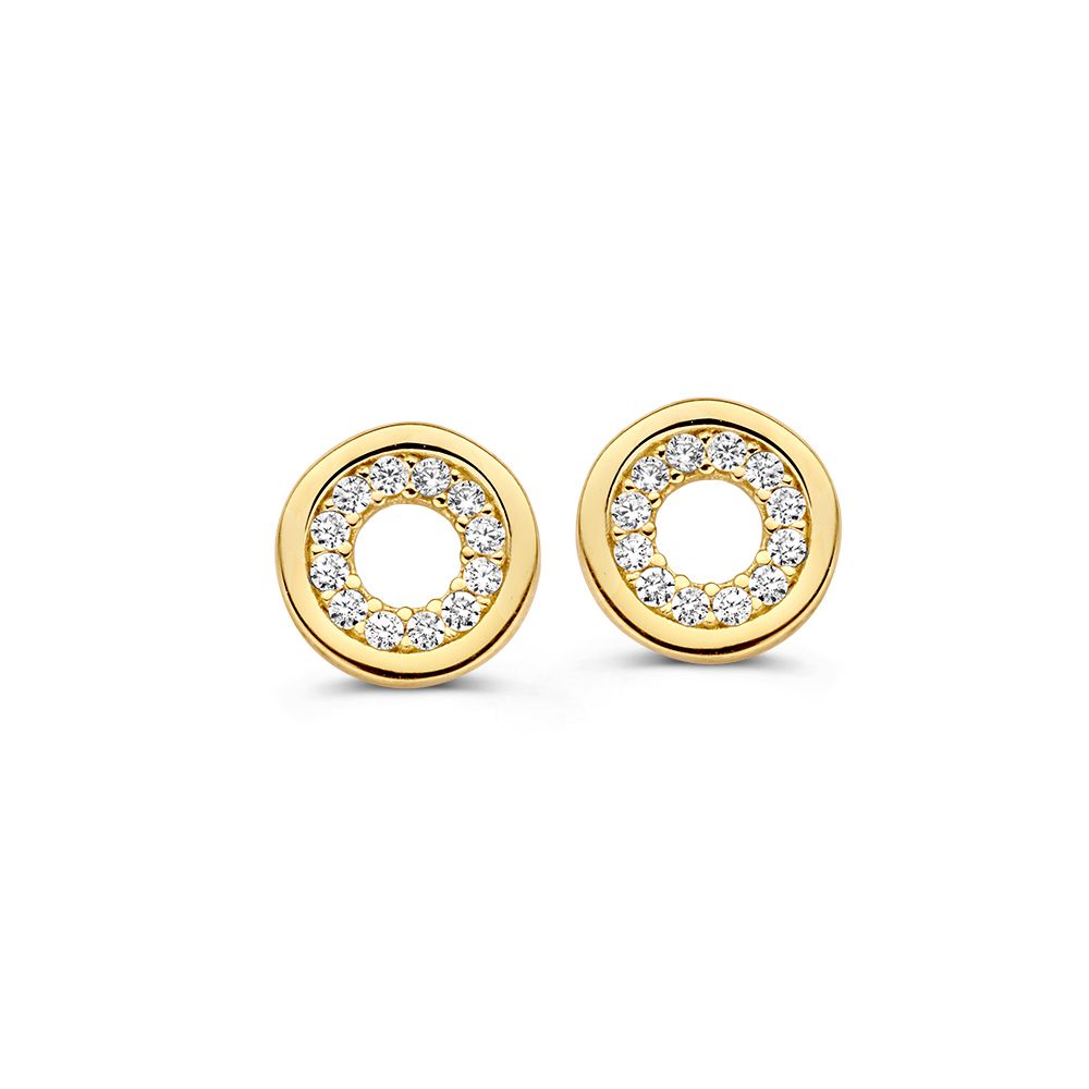 Geelgouden oorsterks met zirkonia in rond design.
