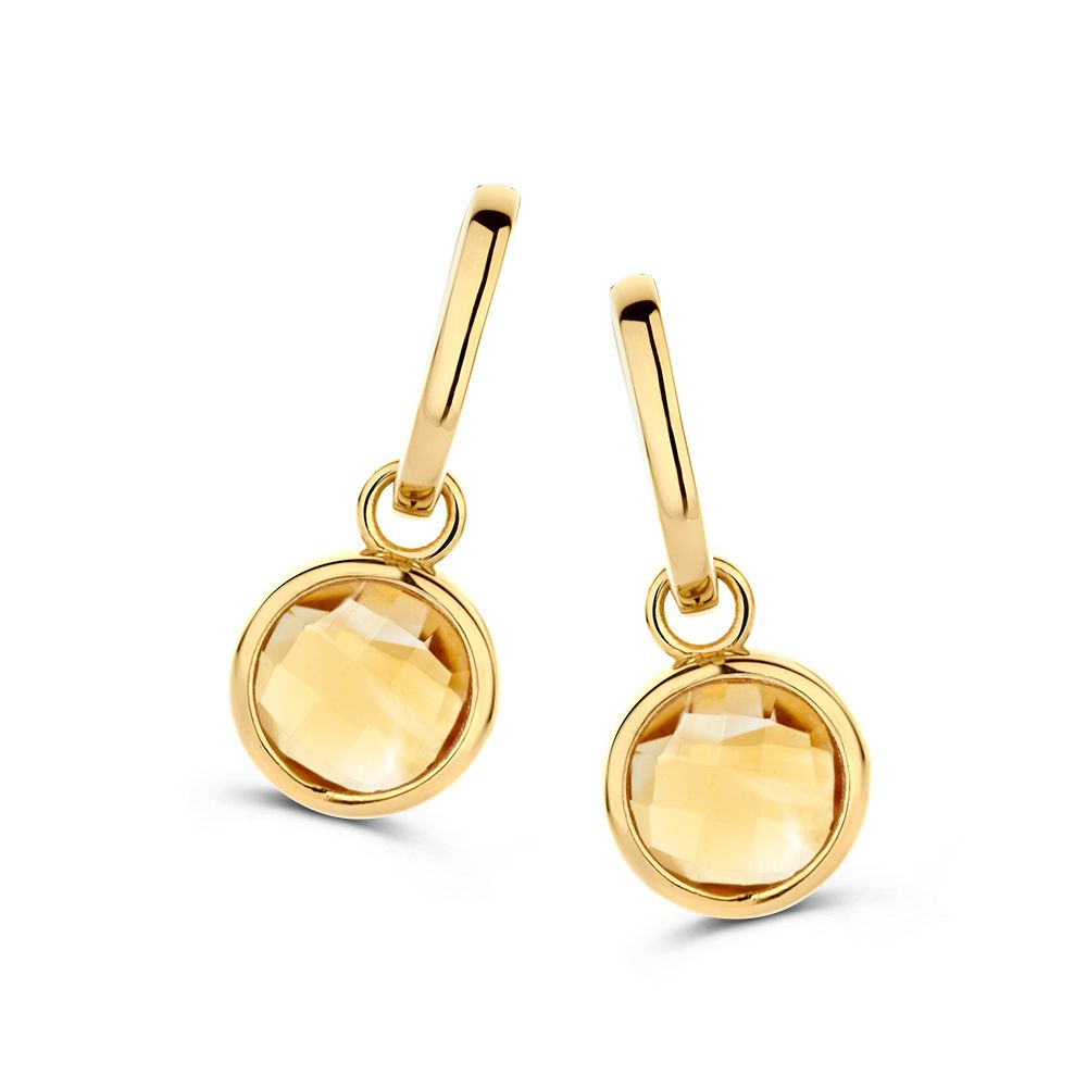 Geelgouden oorringen met citrien aanhangers.
