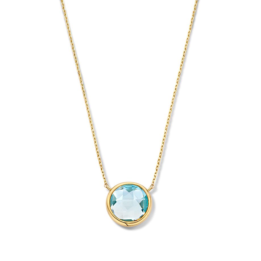 Geelgouden collier met een gefacetteerde blauwe topaas als hanger.
