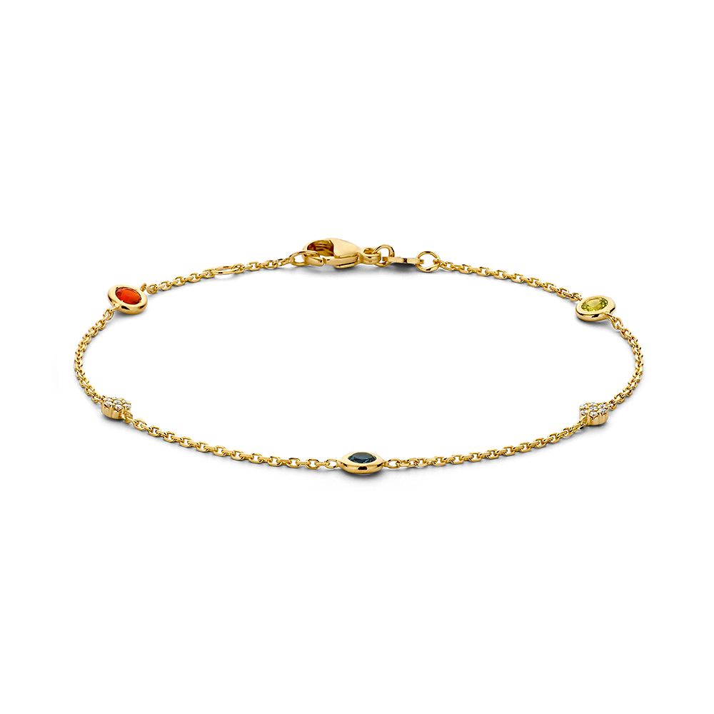 Prachtige geelgouden armband, gezet met fijne edelstenen (london bluetopaas, peridot, vuuropaal)en diamant.
