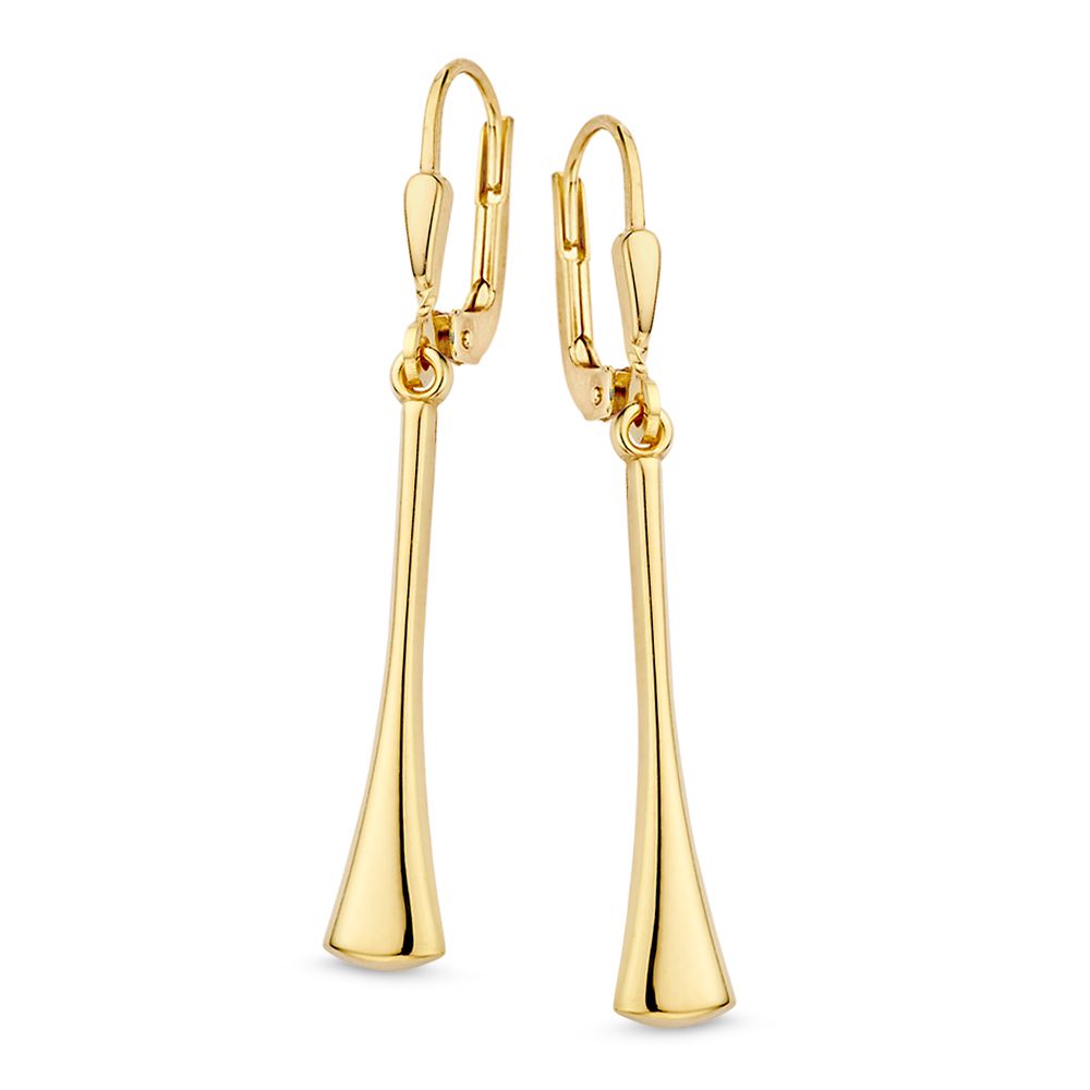 Geelgouden oorhaken met speelse aanhangers.
