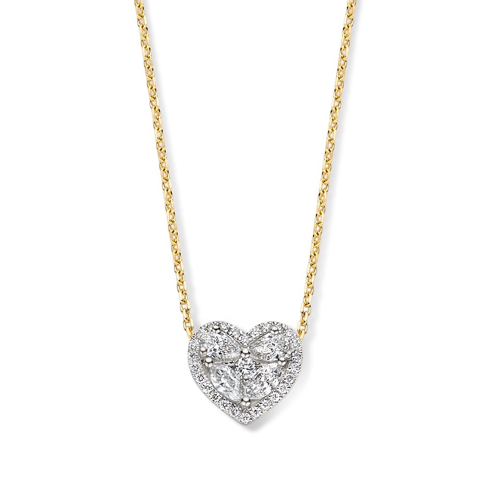 Geelgouden ankercollier met luxe harthanger gezet met markies geslepen diamanten, omringd door fijnere briljanten. Een plaatje om de hals.
