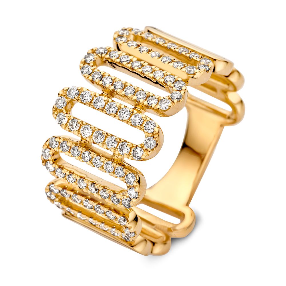 Unieke gouden ring met opvallend design van ovale schakels. De ring is versierd met fonkelende diamanten.
