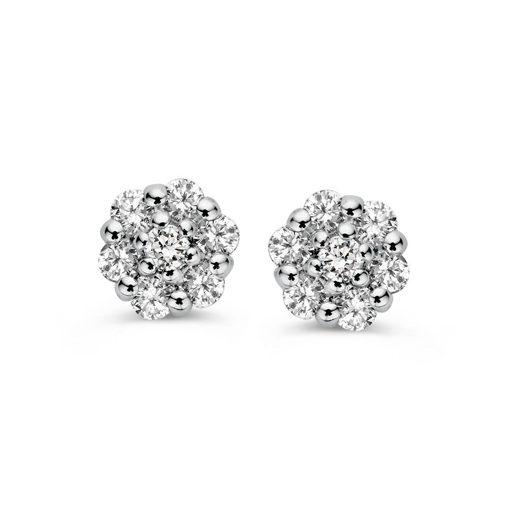 Witgouden diamanten oorstekers met diamant in entourage zetting.
