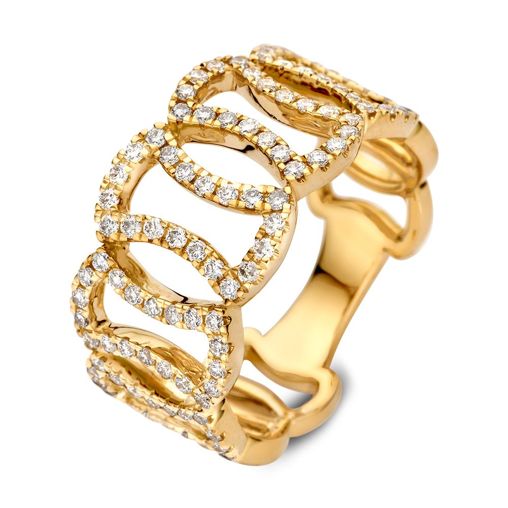 Bijzondere statement ring met uniek schakelpatroon. De ring is versierd met fonkelende diamanten.
