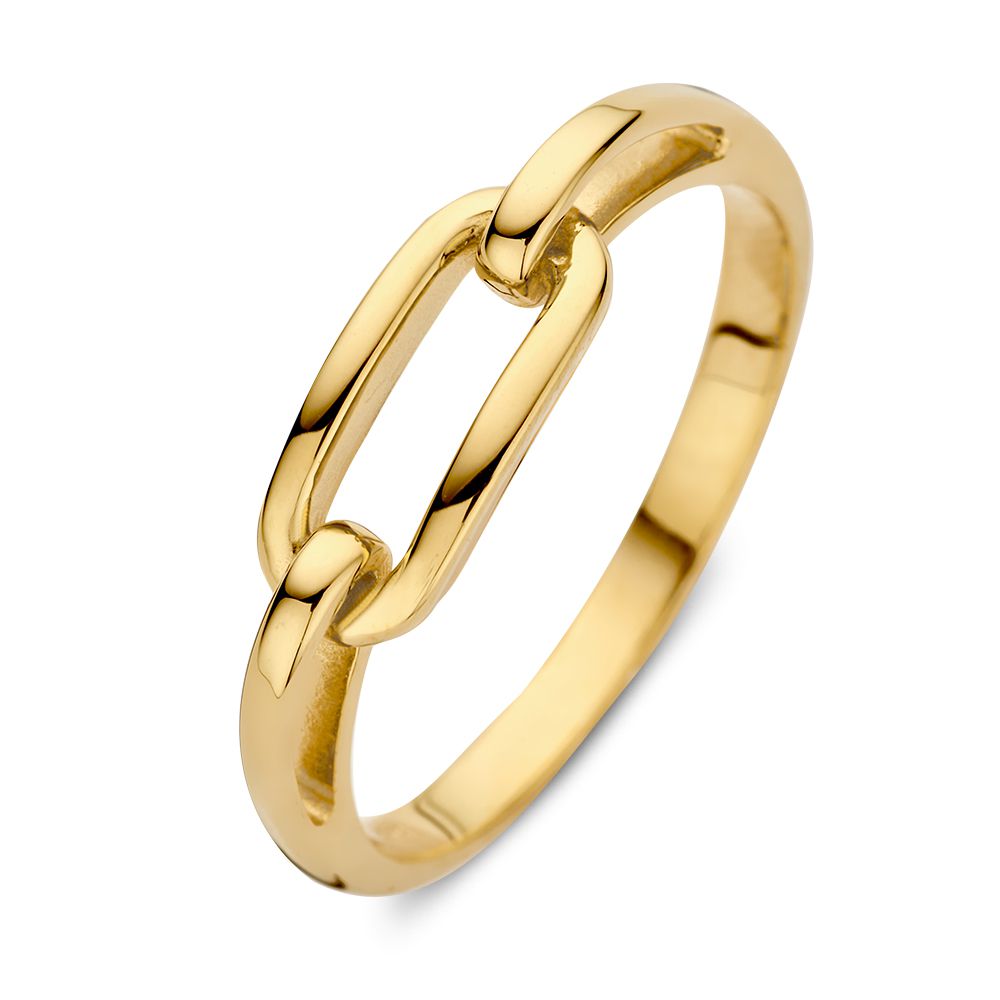 Geelgouden ring met een middenstukje van verbonden schakels.
