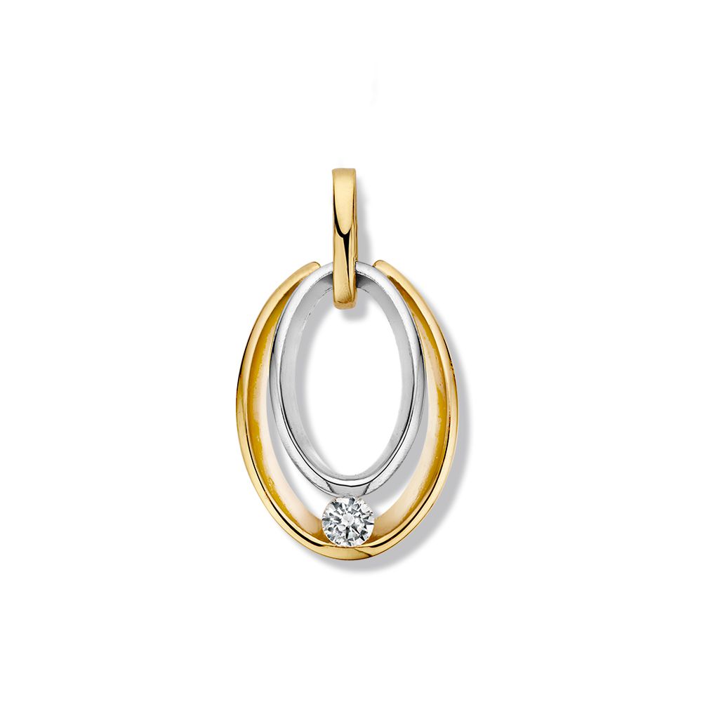 Bicolor wit- en geelgouden hanger met zirkonia.
