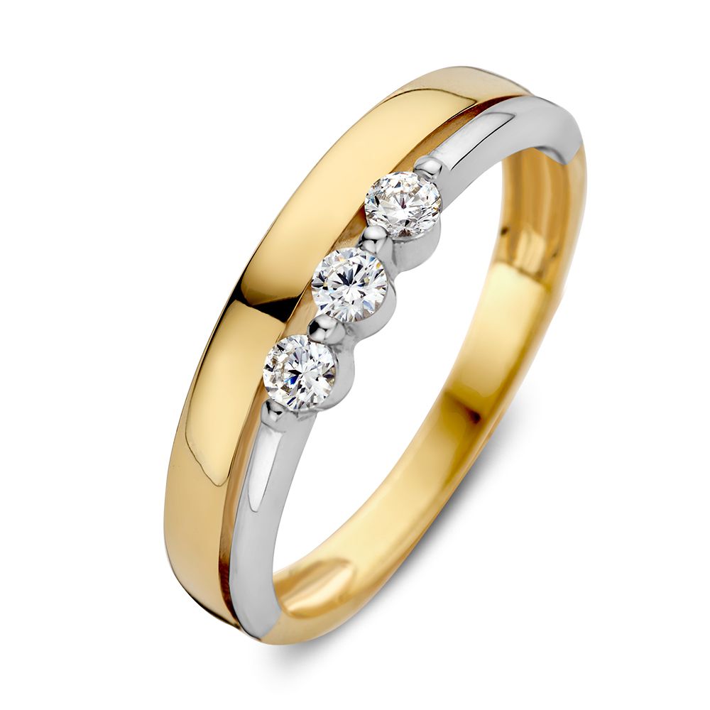 Bicolor wit- en geelgouden ring met drie zirkonia's.
