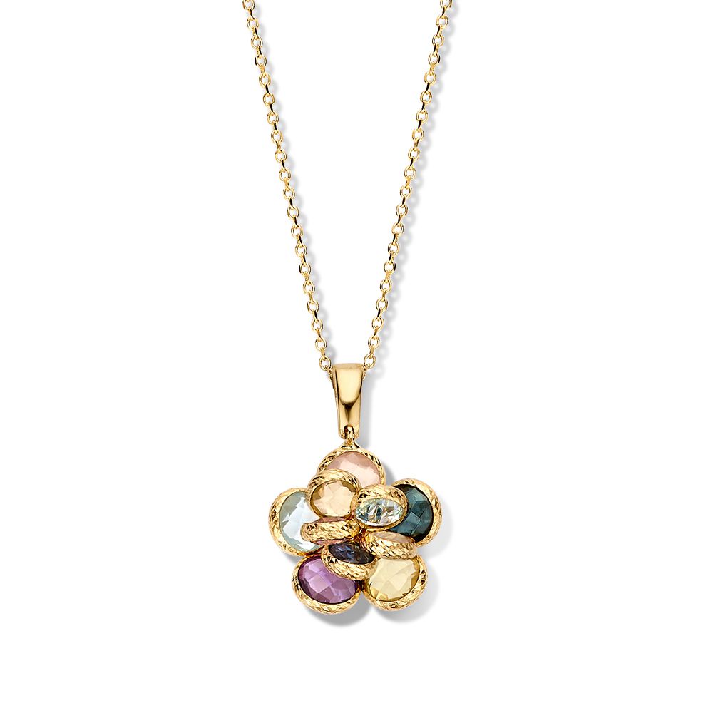 Fijn geelgouden collier met prachtige hanger gezet met verschillende edelstenen. De kleurrijke stenen vormen de bloembladeren van dit uitbundige design.
