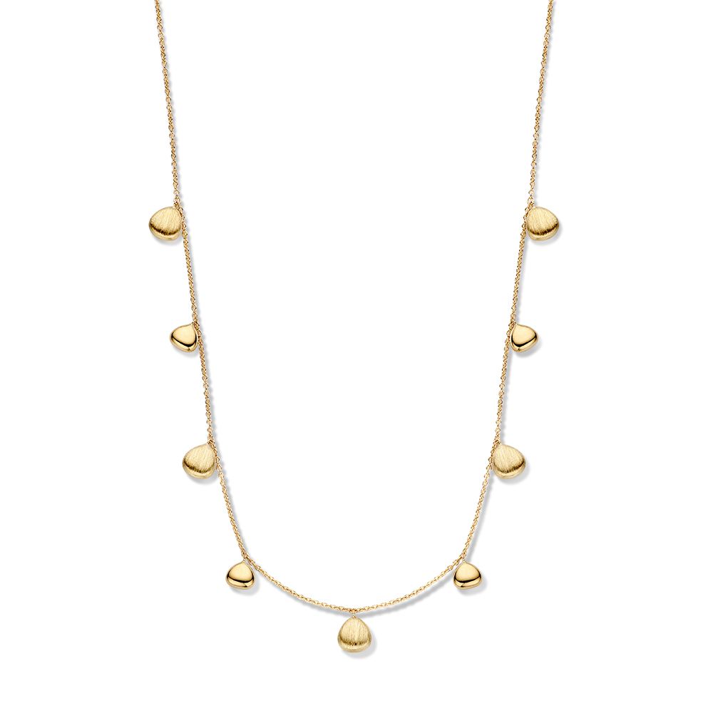 Speels geelgouden collier met ovale elementjes in gematteerde en gepolijste uitvoering.
